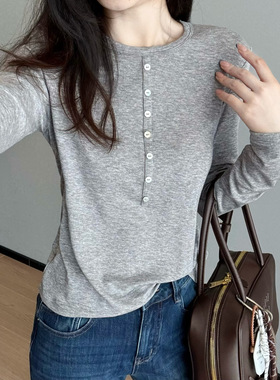 云朵触感！山羊绒轻盈细腻舒适圆领贝壳纽扣长袖T恤早秋新G080704