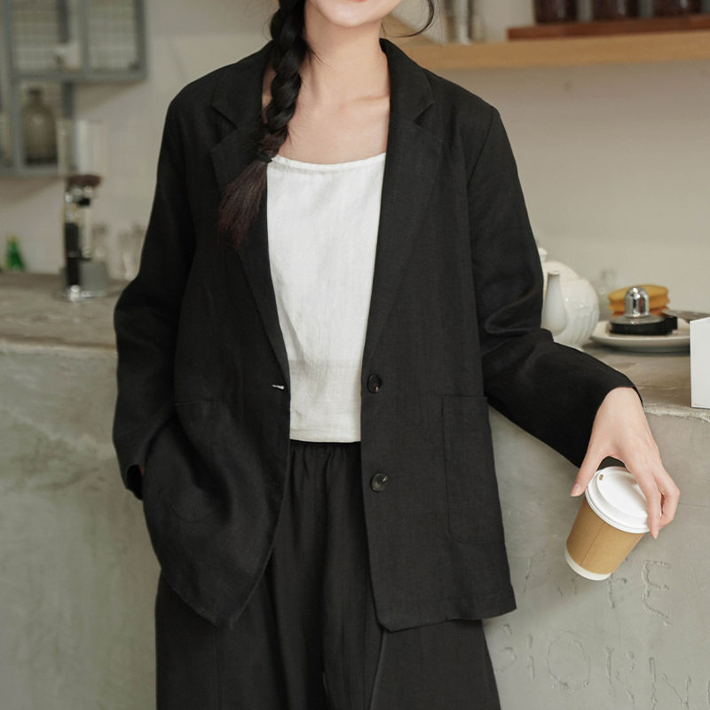 纯亚麻休闲西装外套女老钱风夏季薄款宽松气质麻料高级感大码西服