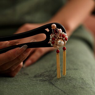 U型双钗黑檀木刀马旦发簪古风马面裙盘发簪子新中式京剧脸谱发饰