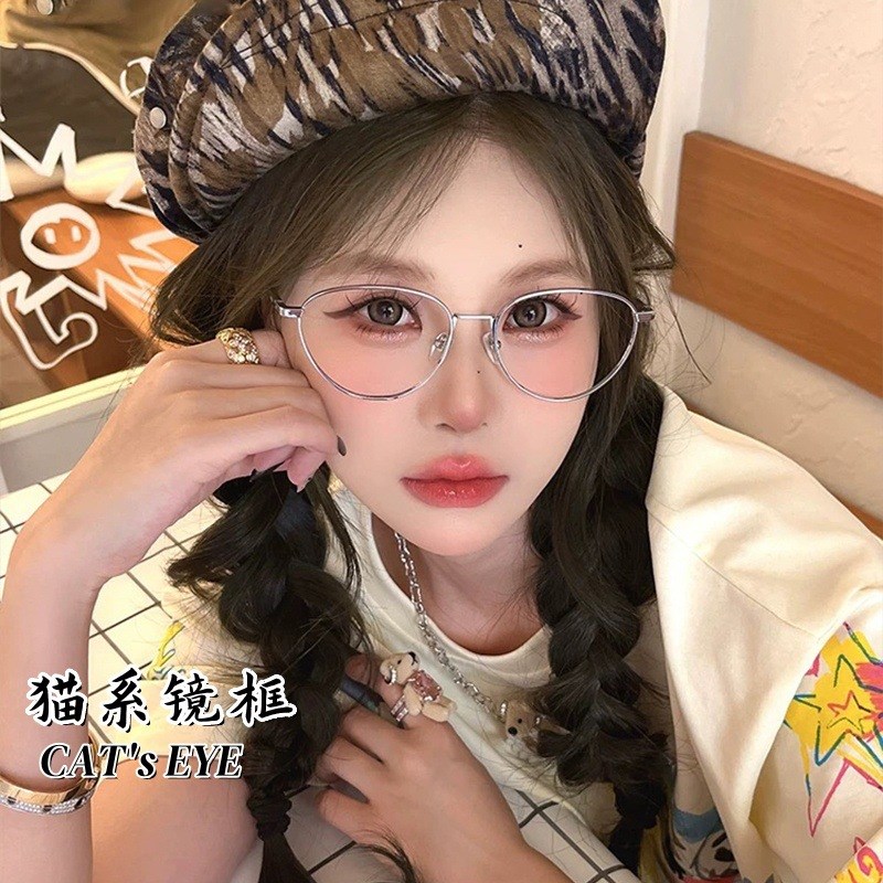 30885轻盈小猫眼钛架近视眼镜框女御姐个性风亮金平光镜