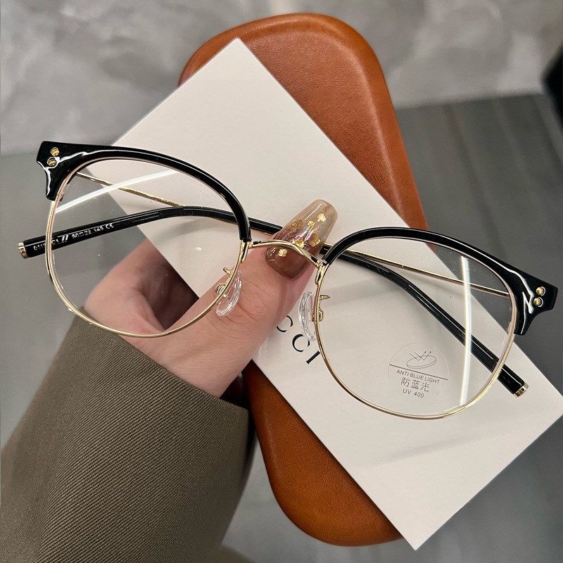 01183素颜神器猫耳半框眼镜女眼镜框超轻大脸方圆脸显瘦茶色眼镜