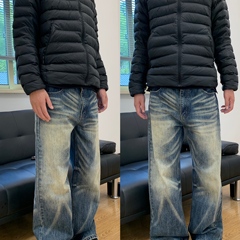 07QWER 秋冬季老钱风水洗做旧猫须牛仔裤潮宽松阔腿男女通勤休闲