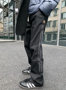 07QWER 秋冬加绒简约黑色休闲裤条纹宽松直筒阔腿裤潮流运动卫裤