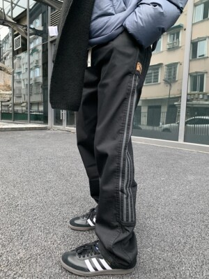 07QWER 秋冬加绒简约黑色休闲裤条纹宽松直筒阔腿裤潮流运动卫裤