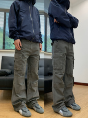 07QWER 春夏美式街头水洗痞帅男工装裤直筒微喇显瘦纯棉长裤女潮