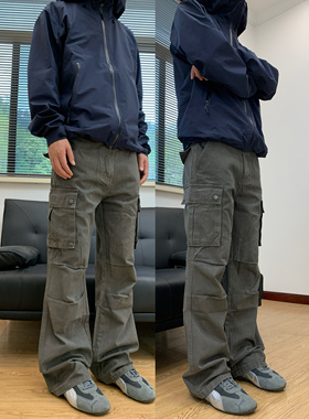 07QWER 春夏美式街头水洗痞帅男工装裤直筒微喇显瘦纯棉长裤女潮