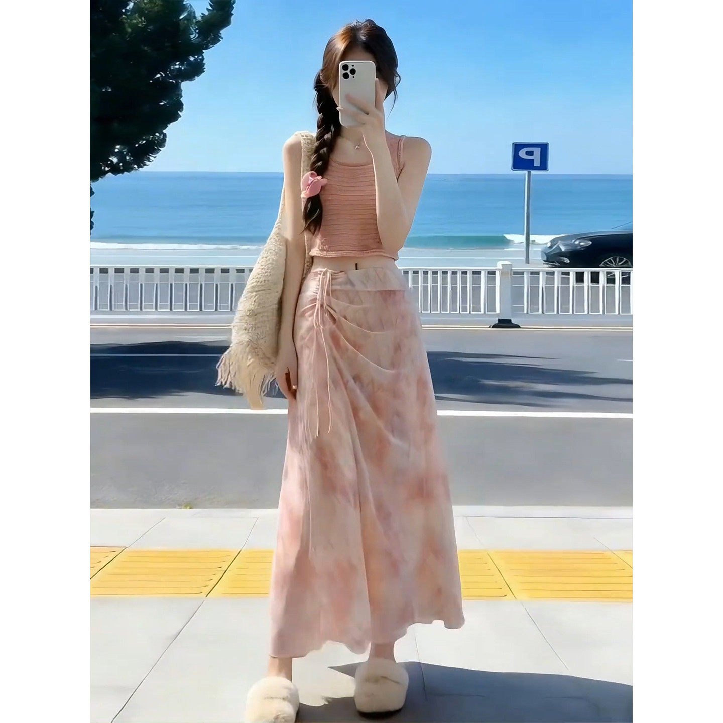 2026新款多巴胺明媚穿搭连衣裙子女夏季粉色吊带上衣半身长裙套装