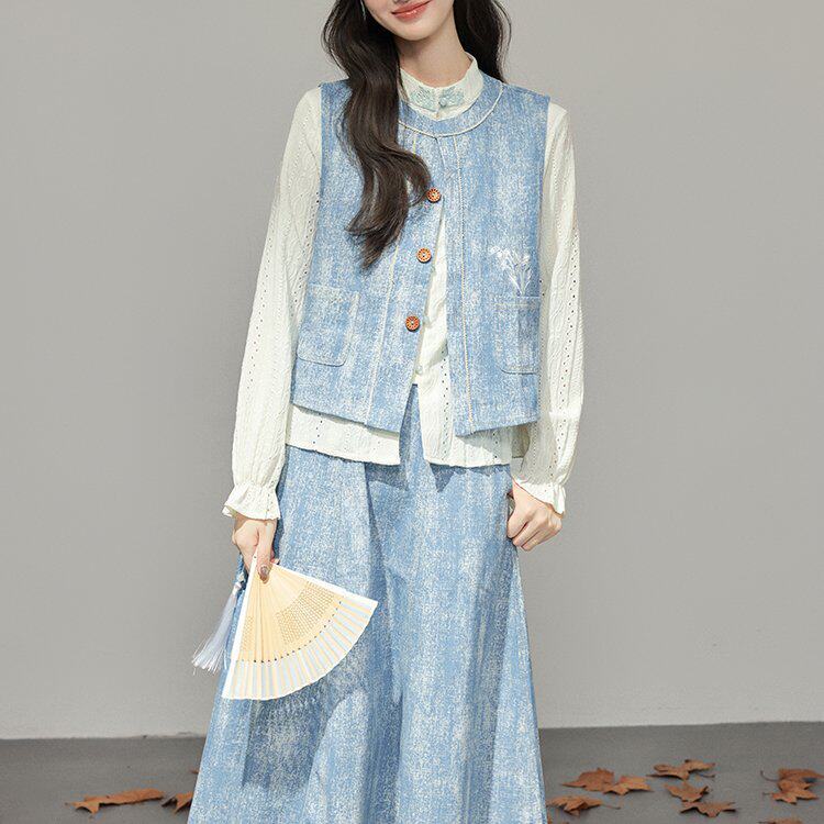 蓝色小清新牛仔提花套装裙女春秋2025新款设计感马甲半身裙三件套