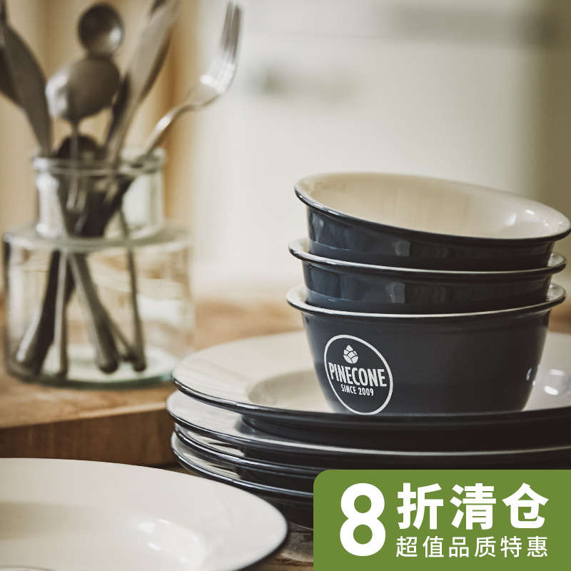 复古仿搪瓷深边蓝底陶瓷餐具家用小碗5英寸饭碗9英寸浅盘餐盘菜盘