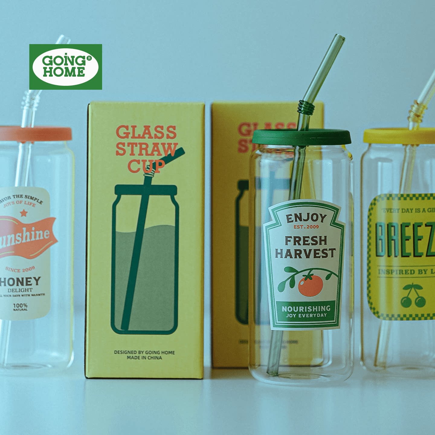 玻璃吸管杯耐高温水杯女生高颜值杯子家用喝水易拉罐玻璃杯子带盖