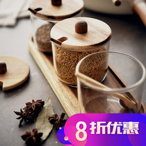 Going home card kitchen glass seasoning pot set Acacia seasoning bottle pot seasoning pot seasoning pot seasoning bottle