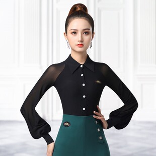 丹宝罗女新款摩登上衣泡泡袖长袖舞蹈服交谊舞广场舞连体衣跳舞衣