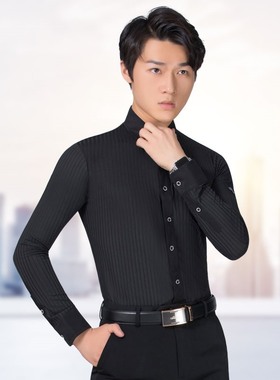 丹宝罗男士华尔兹舞上衣黑色长袖表演服国标舞摩登舞服暗条纹衬衣