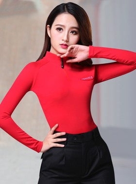 丹宝罗广场舞练功服女成人长袖红色舞衣修身艺考训练服拉丁舞上衣