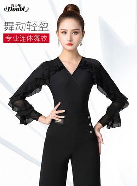 丹宝罗新款黑色跳舞上衣摩登舞V领连体衣舞蹈练功服国标拉丁舞服