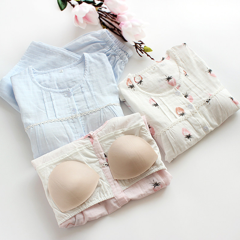 Spring and summer With a chest pad Home Furnishings Short sleeved Cropped Trousers pure cotton Double gauze Cardigan pajamas Brasin the Lingerie/Men's underwear/Tracksuit , Pajamas/Home service package  category - from Buy2taobao.com to provide professional Taobao agent buy service