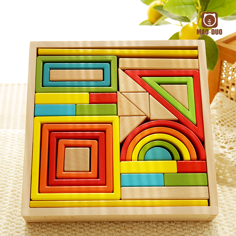 彩虹积木儿童益智早教拼插搭智力开发男女孩木质玩具启蒙大颗粒WZ