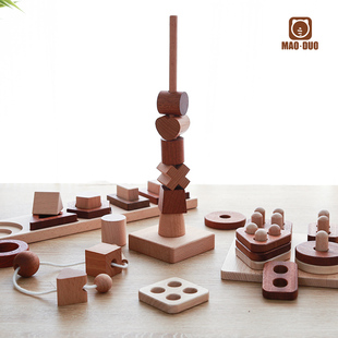 宝宝几何形状配对蒙氏早教益智串珠儿童玩具实木无漆积木0到3岁