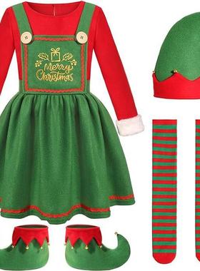 欧美跨境成人圣诞节服装儿童圣诞精灵套装红绿配色cosplay演出服