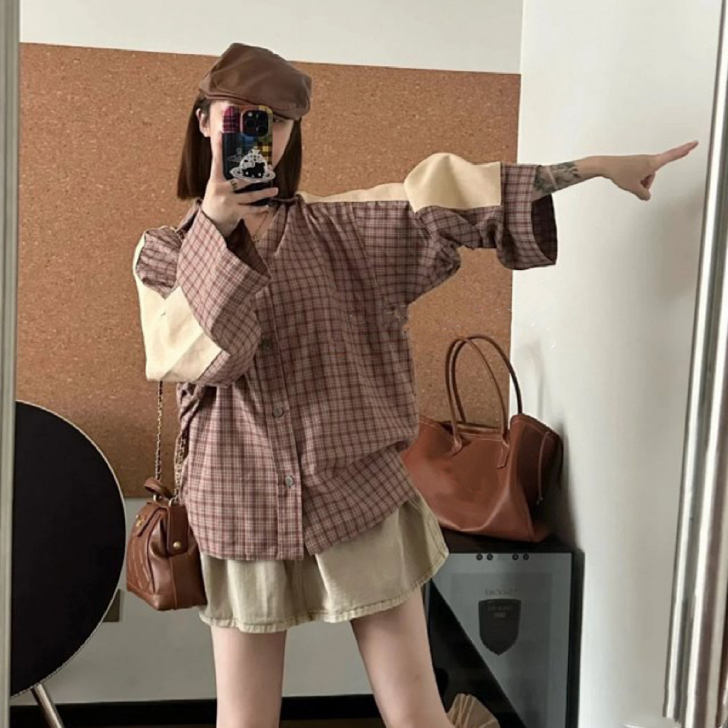 正确版本天花板24SS AC格纹纽扣长袖拼接衬衫外套 女款