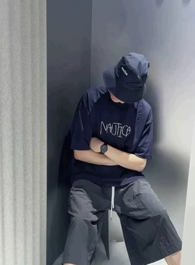 日系nautic×白帆线条字母印花LOGO重磅夏季竹节棉圆领短袖男25SS