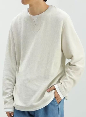 BEAMS HEART 开衩V领华夫格长袖宽松圆领假两件休闲纯色T恤男24AW