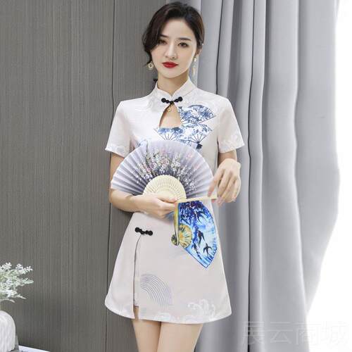 高档复古改旗良袍裙端美容师技师工衣223收腰s0pa足疗工作服两高