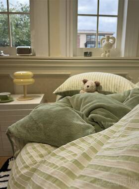 高档A面色织水洗棉奶提花B版牛绒灰色四件套1.m1.8秋暖冬舒适5保