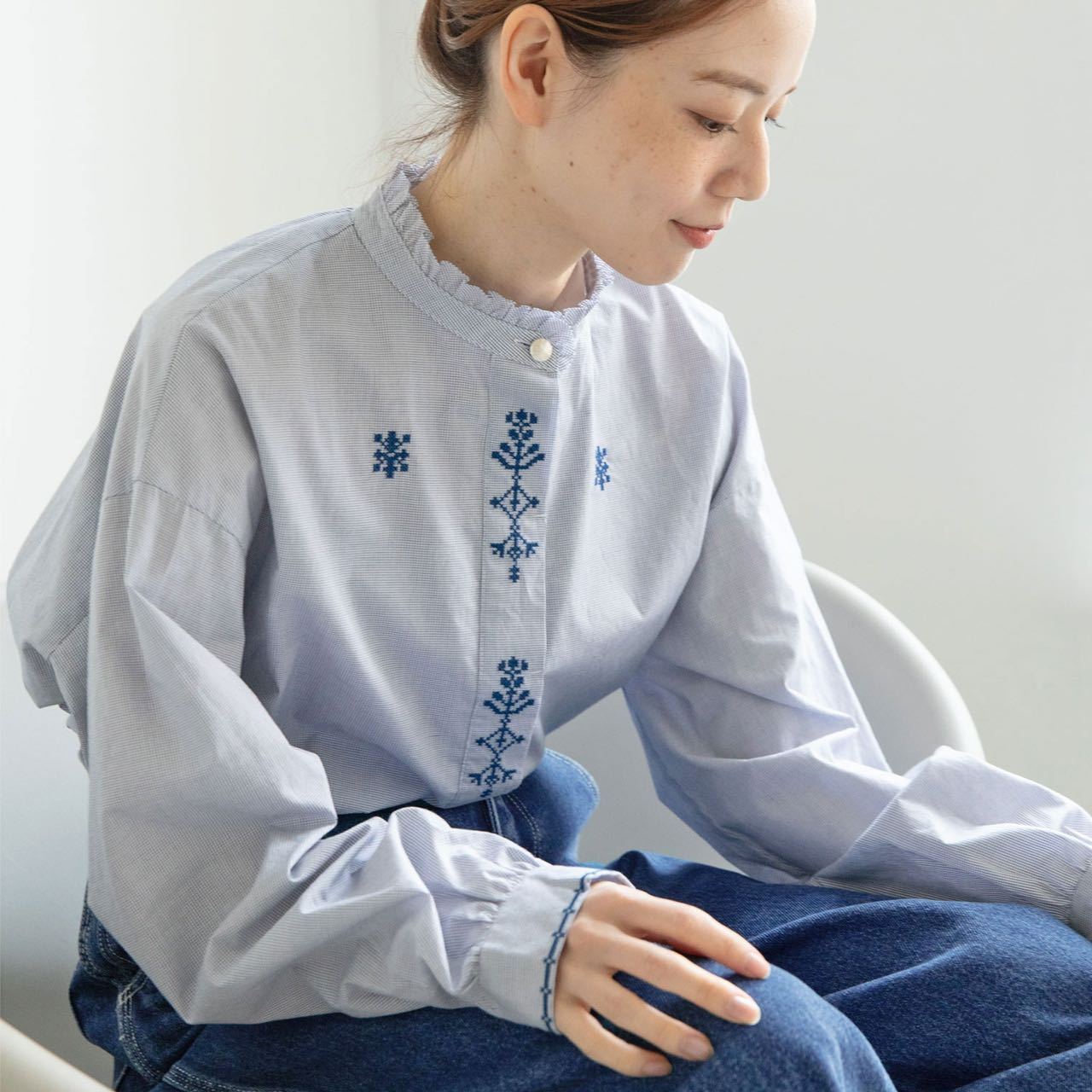 日系A社新款 par精致刺绣清新文艺花边领长袖衬衫衬衣