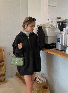 日单灰色连帽 竖拉链卫衣女春秋新款韩版宽松慵懒风中长款上衣外