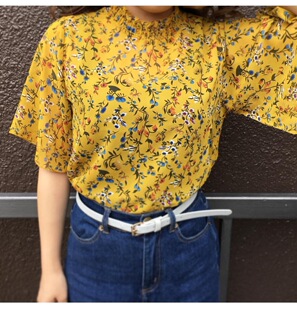出口日本少女牌 E纯元 夏日繁花立领雪纺喇叭袖口小衫中袖T恤