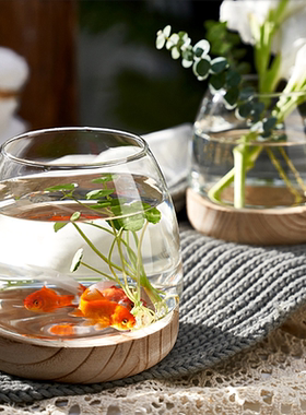 创意小号透明圆形玻璃金鱼缸办公室桌面迷你底托斗鱼缸家用生态缸