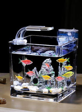 迷你方形小号玻璃鱼缸透明办公室桌面免换水斗鱼生态灯光摆件加厚
