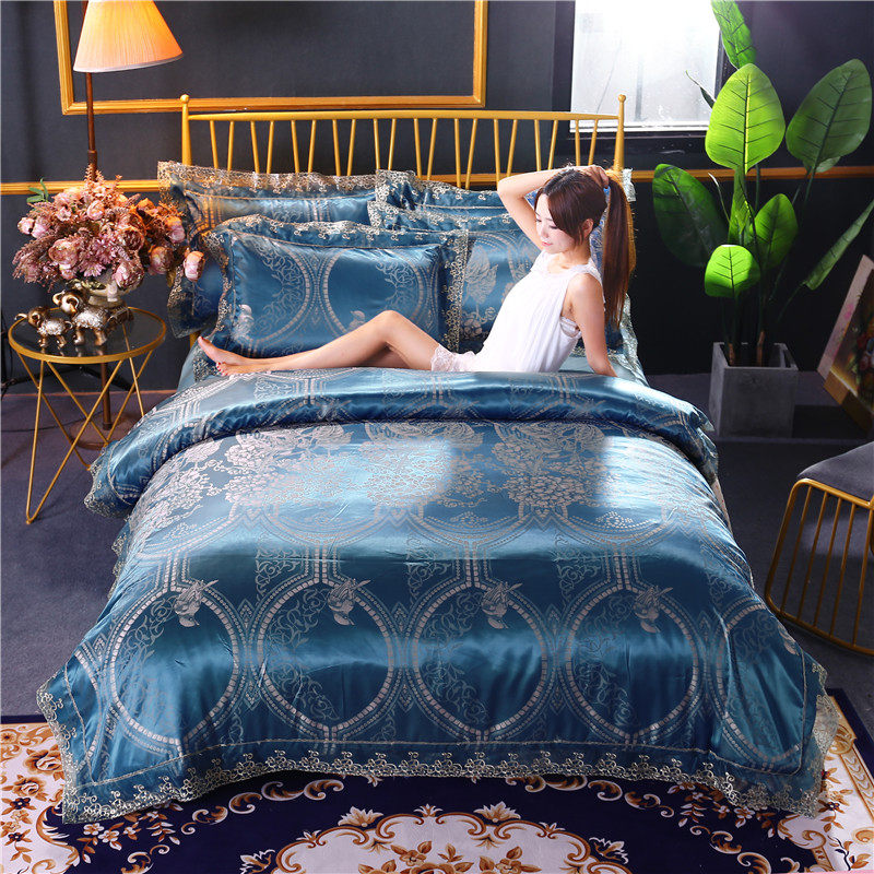 高档蕾丝花边贡缎提花四件套欧式欧美风床上用品婚庆双人被套床单