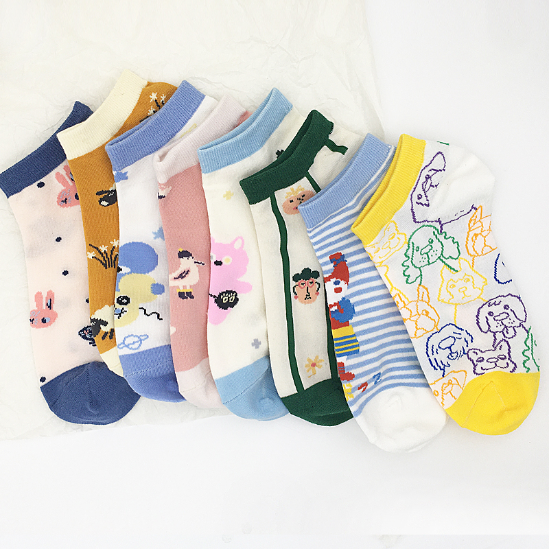 趣味涂鸦小动物拼色系列彩色可爱卡通提花短筒夏季女生袜子