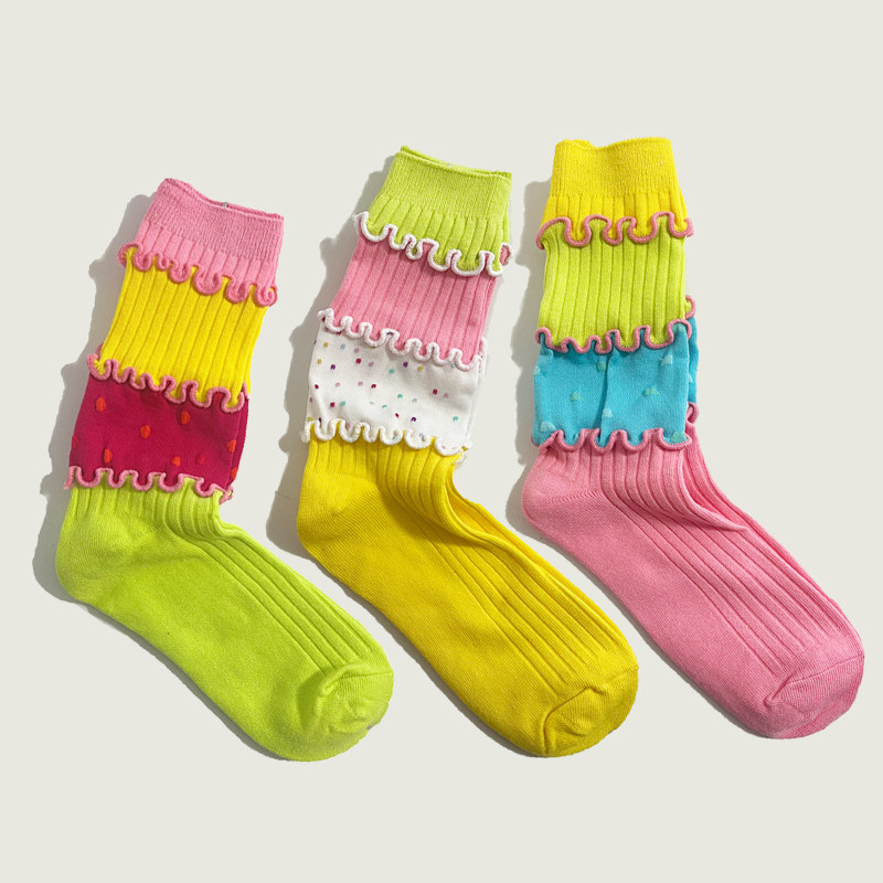 多巴胺糖果彩色拼接蛋糕波浪线手工拼接双针中筒个性甜妹女棉袜子