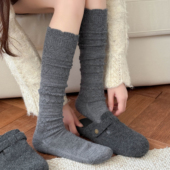 灰色花边小腿袜子女秋冬靴袜羊毛保暖针织镂空堆堆长袜配勃肯鞋