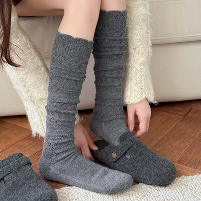 灰色花边小腿袜子女秋冬厚款羊毛