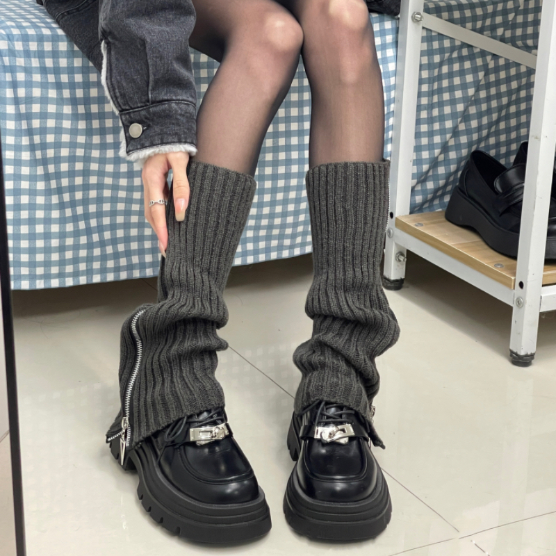 灰色针织拉链袜套秋冬y2k堆堆袜