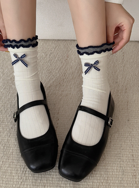 miu系白色蝴蝶结袜子女中筒春秋25年新款纯棉日系可爱花边堆堆袜