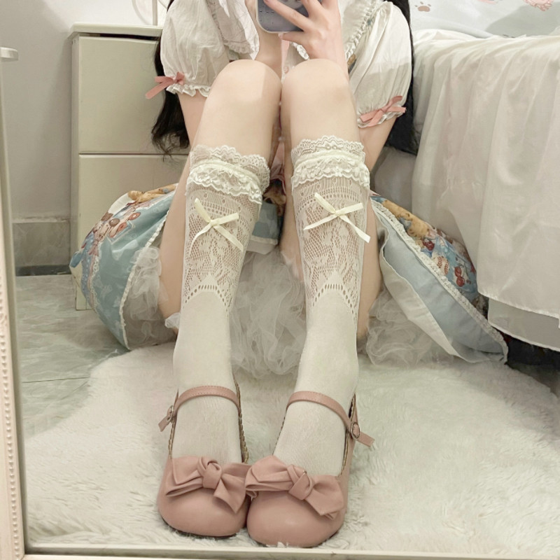 白色蕾丝花边中筒袜子女夏季薄款Lolita蝴蝶结堆堆袜女配玛丽珍鞋