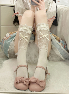白色蕾丝花边中筒袜子女夏季薄款Lolita蝴蝶结堆堆袜女配玛丽珍鞋