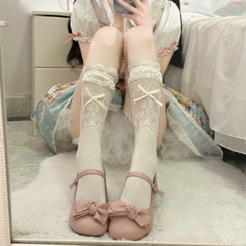 白色蕾丝花边中筒袜子女夏季薄款Lolita蝴蝶结堆堆袜女配玛丽珍鞋