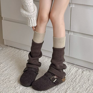美拉德咖啡棕色针织羊毛袜套女中筒秋冬堆堆袜拼色y2k小腿袜腿套