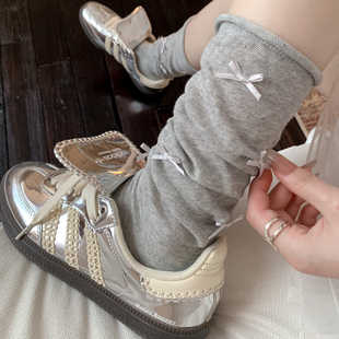 miu系灰色袜子女堆堆袜春夏季 中筒棉袜芭蕾风白色蝴蝶结长袜 薄款