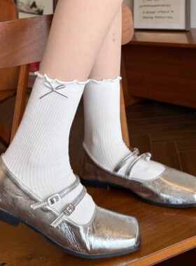 miu系白色袜子女蝴蝶结中筒袜夏季薄款透气芭蕾风纯棉灰色堆堆袜