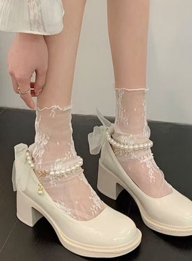 白色蕾丝袜子女夏季薄款玛丽珍网纱堆堆袜中筒甜美lolita短筒丝袜