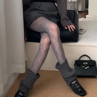 miu系菱格灰色丝袜女秋冬薄款微透防勾丝打底裤显瘦芭蕾风连袜裤