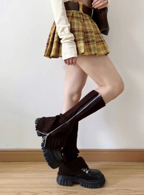 咖啡色针织拉链袜套秋冬个性保暖美拉德堆堆袜千禧辣妹y2k小腿套