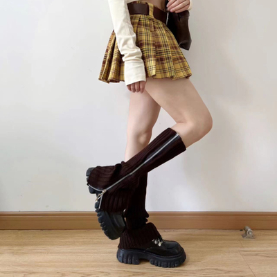 咖啡色针织拉链袜套秋冬个性保暖美拉德堆堆袜千禧辣妹y2k小腿套